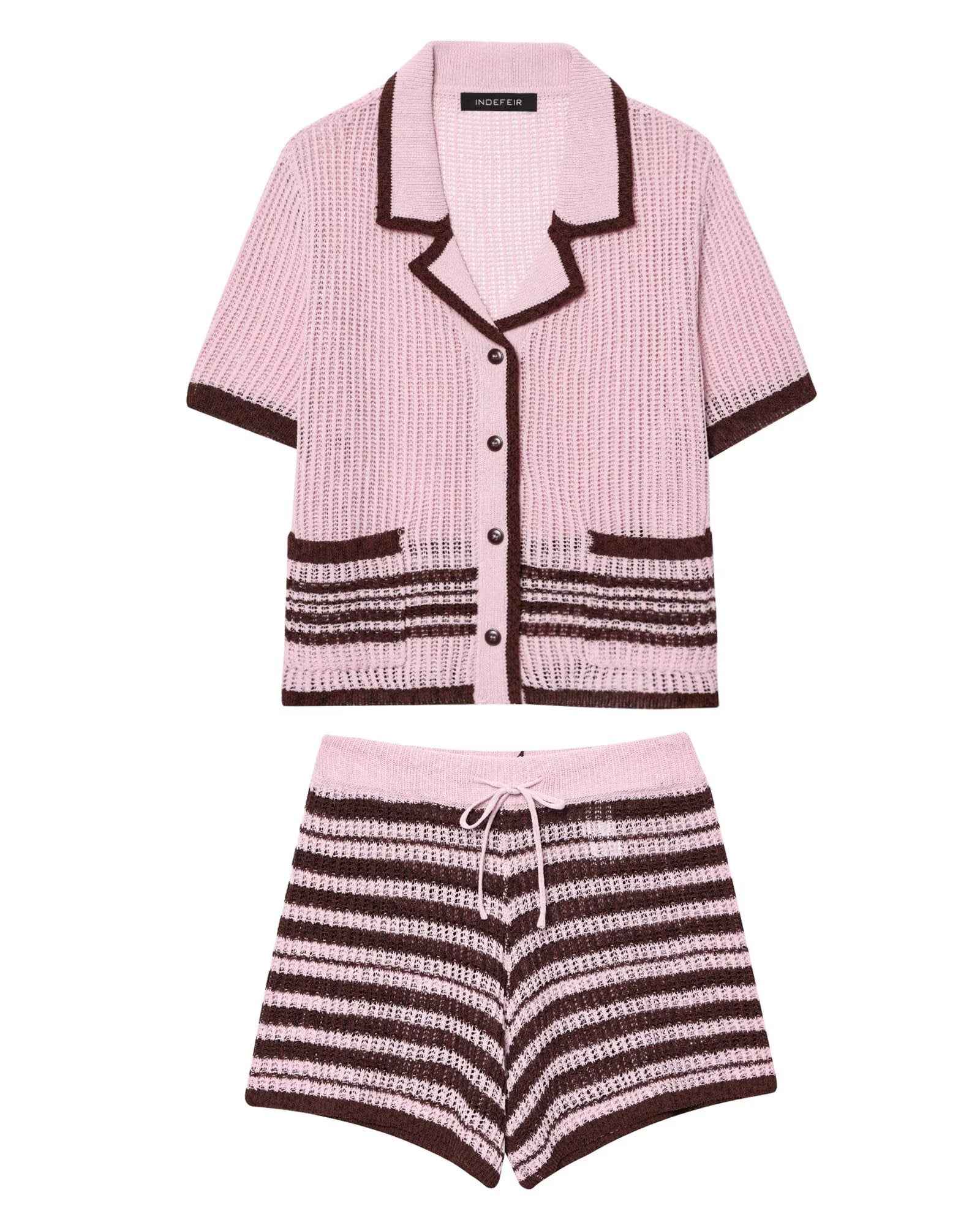 Lace up Spring Design Shorts Knitted Top Polo Collar Short Sleeve Casual Suit