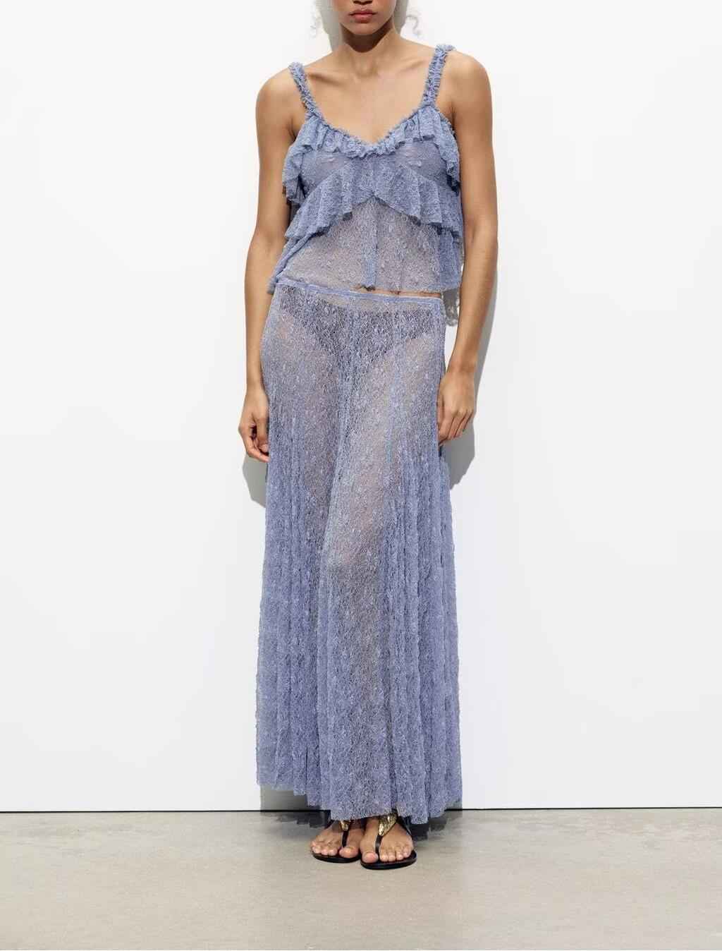 Summer Women Lace Laminated Decoration Sling Top Skirt Two Piece Sets