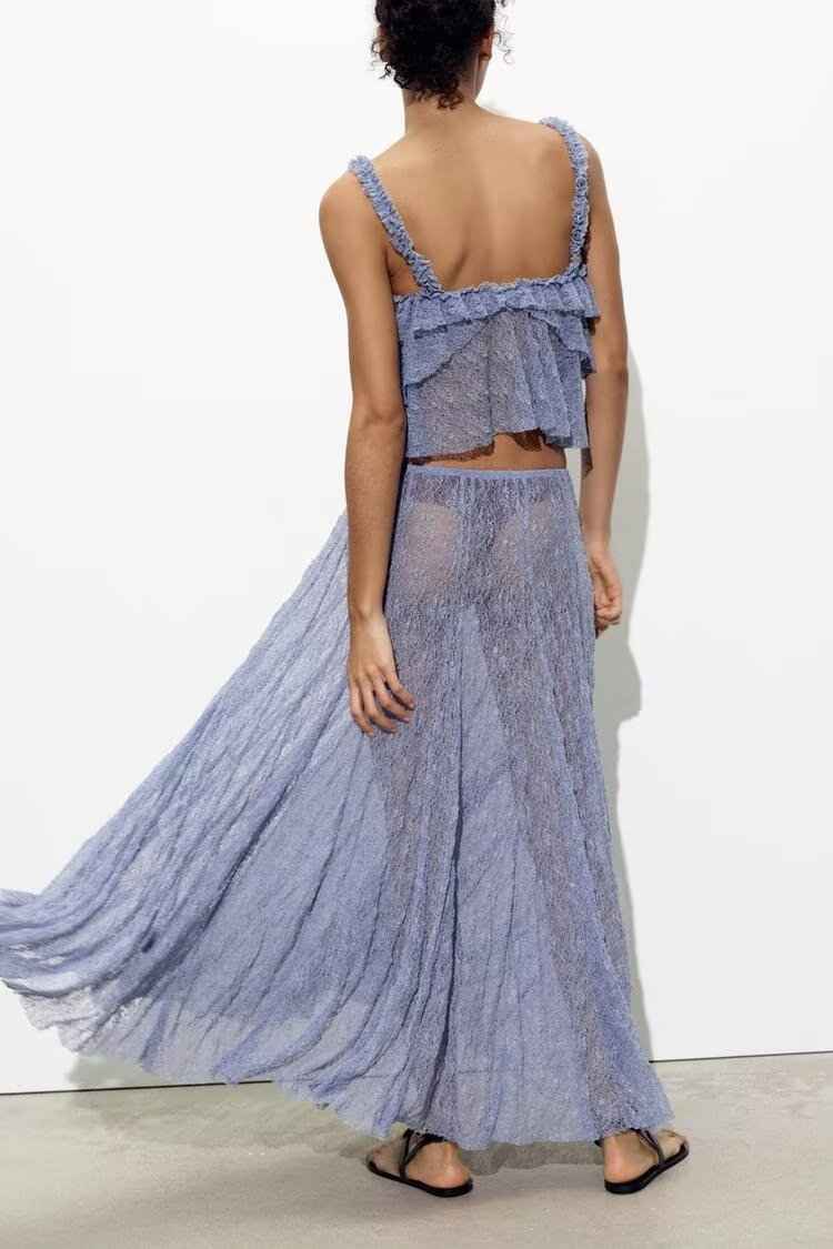 Summer Women Lace Laminated Decoration Sling Top Skirt Two Piece Sets