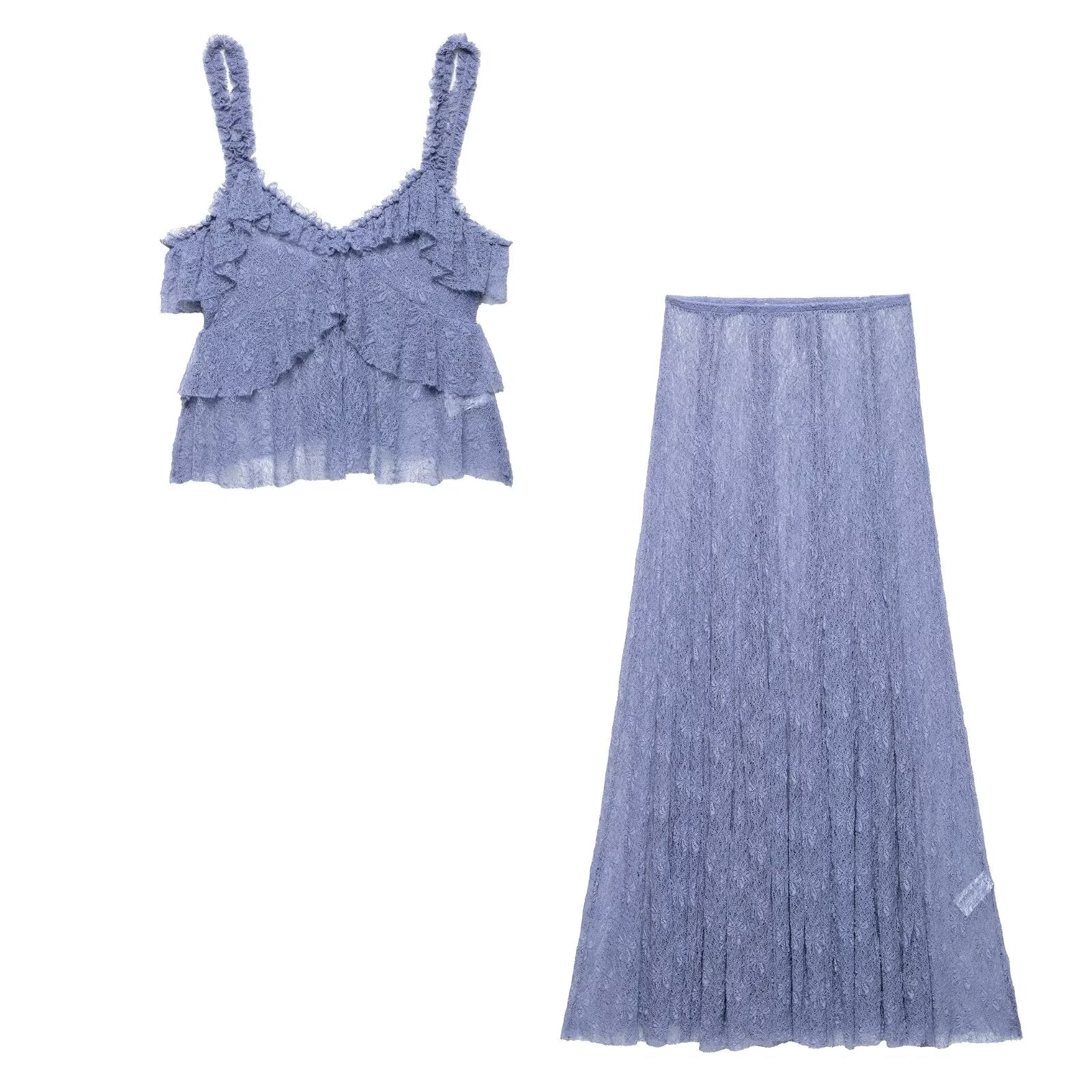 Summer Women Lace Laminated Decoration Sling Top Skirt Two Piece Sets - ALZO