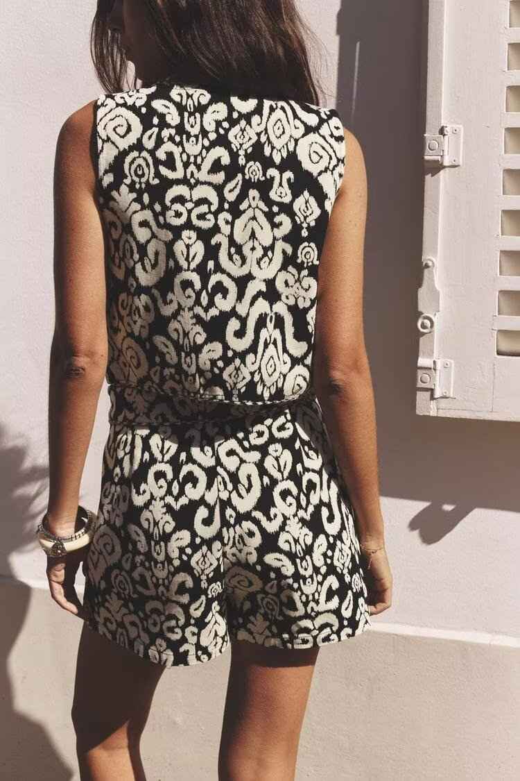 Women Clothing at Printed V neck Sleeveless Vest Waistcoat Shorts Two Piece Sets