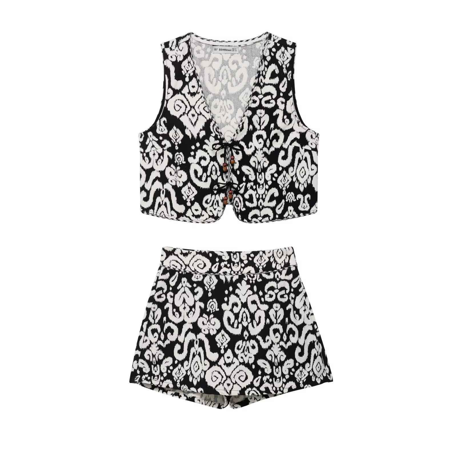 Women Clothing at Printed V neck Sleeveless Vest Waistcoat Shorts Two Piece Sets