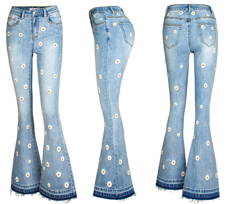 Women Wide Leg Jeans Embroidered Horn Daisy Jeans Women Wide Leg Jeans - ALZO
