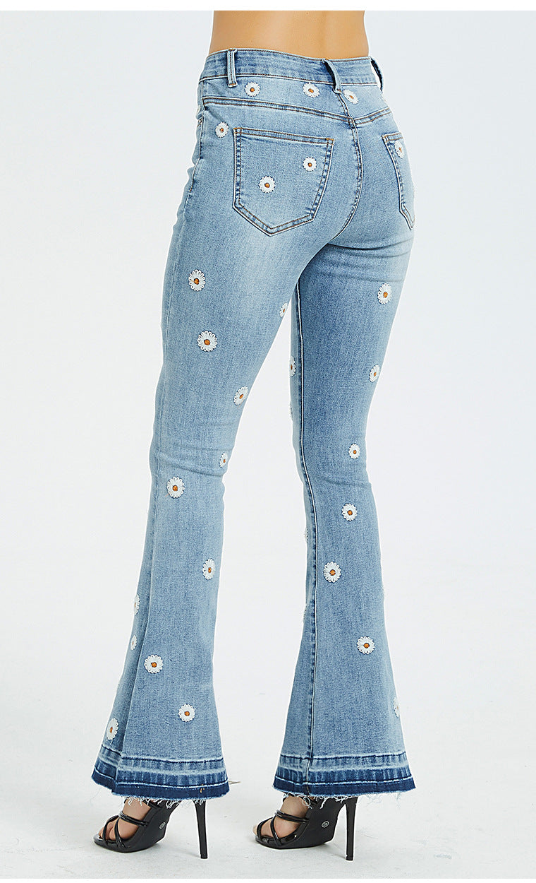 Women Wide Leg Jeans Embroidered Horn Daisy Jeans Women Wide Leg Jeans - ALZO