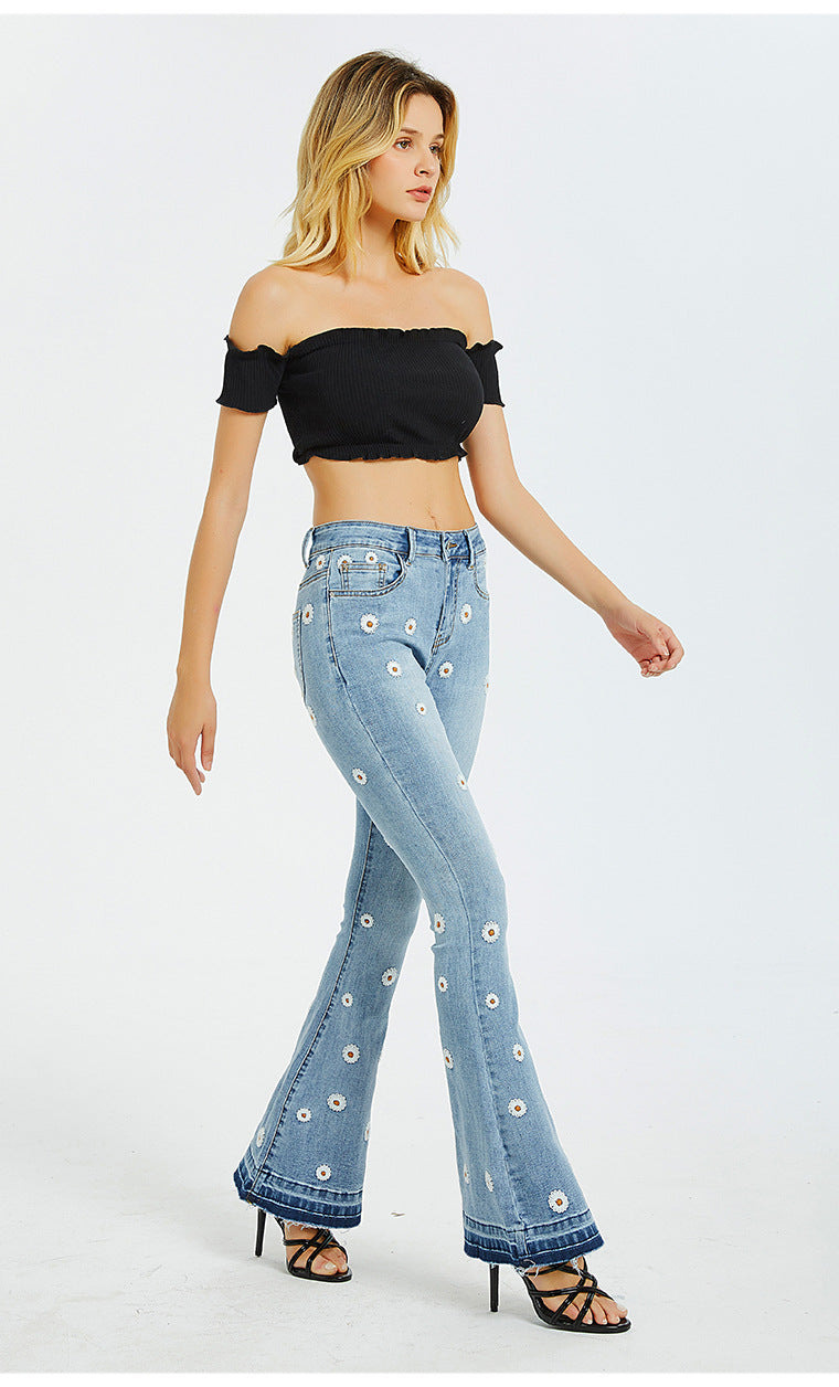 Women Wide Leg Jeans Embroidered Horn Daisy Jeans Women Wide Leg Jeans - ALZO