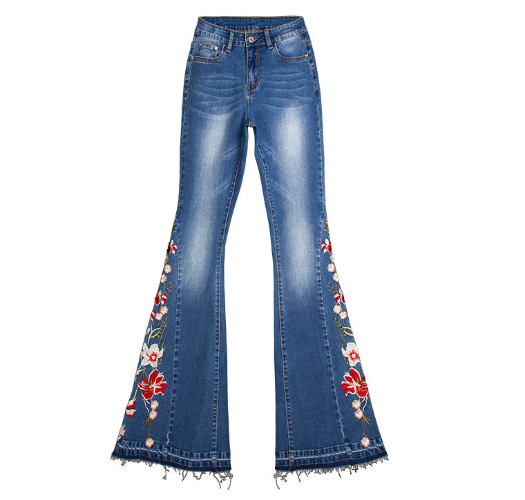 Women Denim Bell-Bottom Pants 3D Machine Embroidery Denim Women Autumn Denim Wide Leg Trousers - ALZO