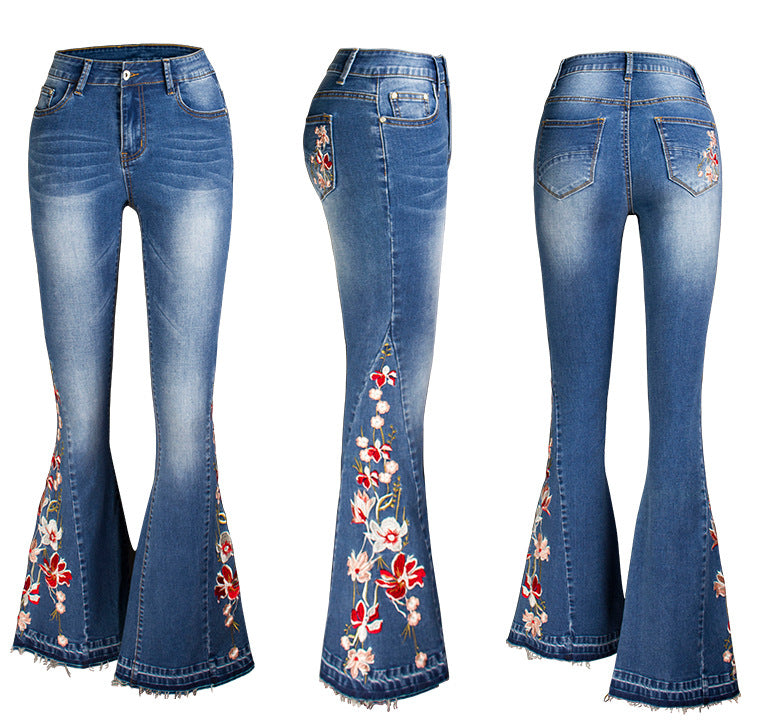 Women Denim Bell-Bottom Pants 3D Machine Embroidery Denim Women Autumn Denim Wide Leg Trousers - ALZO