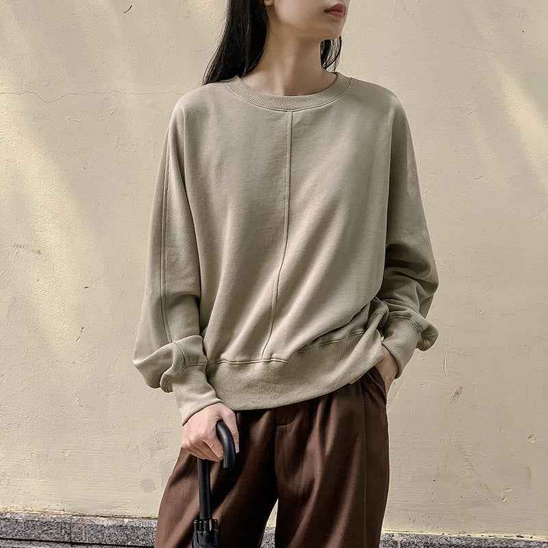 Simple Cotton round Neck Sweatshirt for Women Spring All Matching Pullover Long Sleeve Niche Casual Top Can Be Sent on Behalf