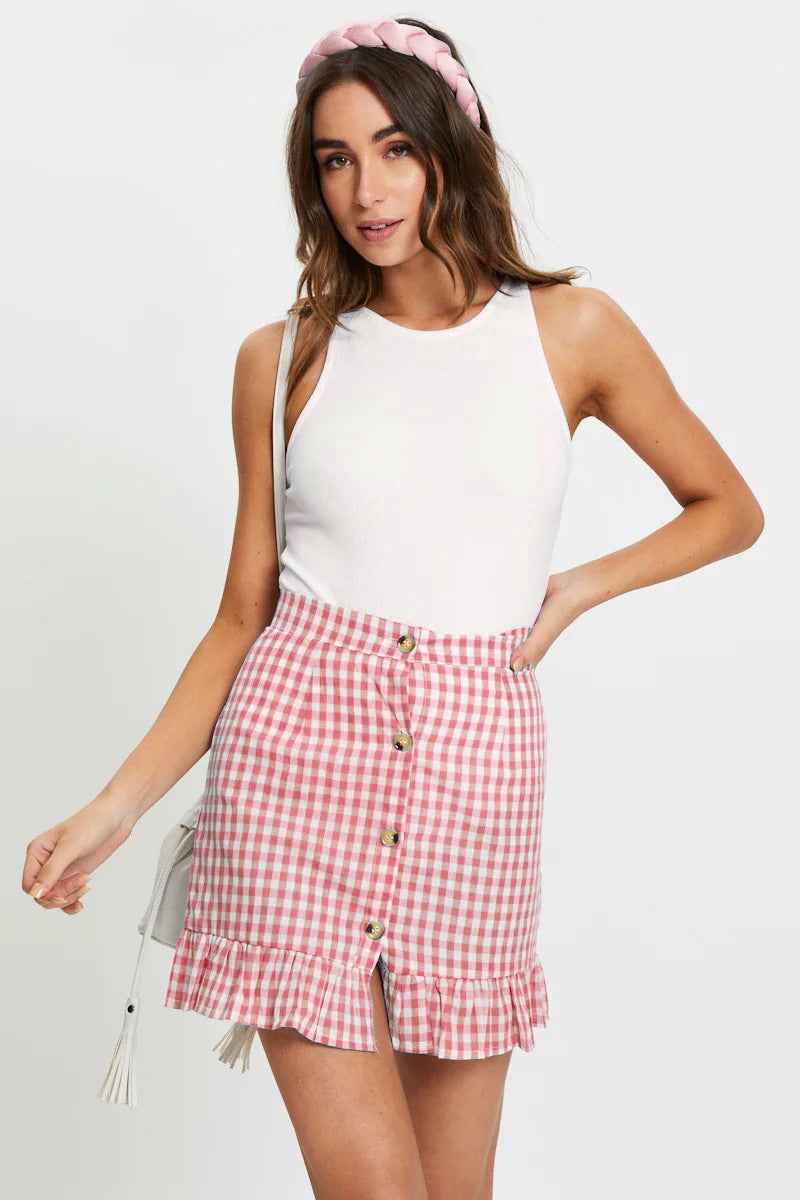 Summer Women Clothing Plaid Lotus Leaf Skirt High Waist Single Row Button Small Plaid Skirt for Women