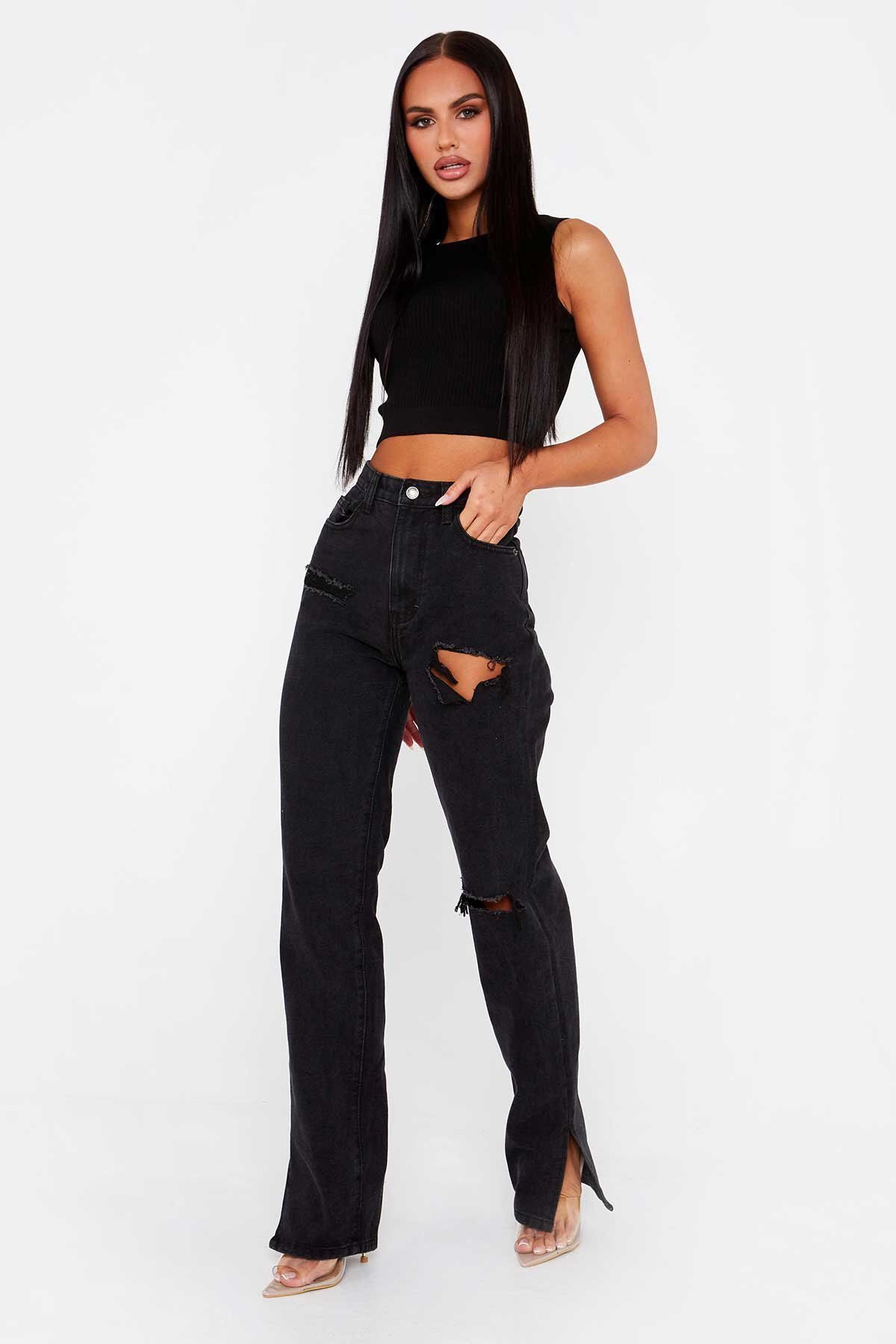 High Waist Straight Slimming Cool Black Denim Trousers Mop Hem Split Smooth Micro-Flared Pants Women Clothing - ALZO