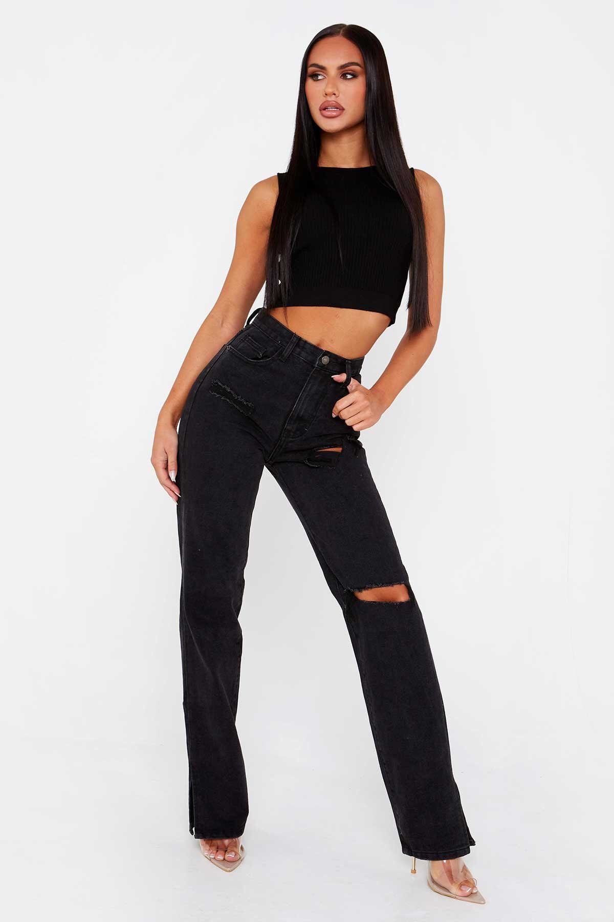 High Waist Straight Slimming Cool Black Denim Trousers Mop Hem Split Smooth Micro-Flared Pants Women Clothing - ALZO