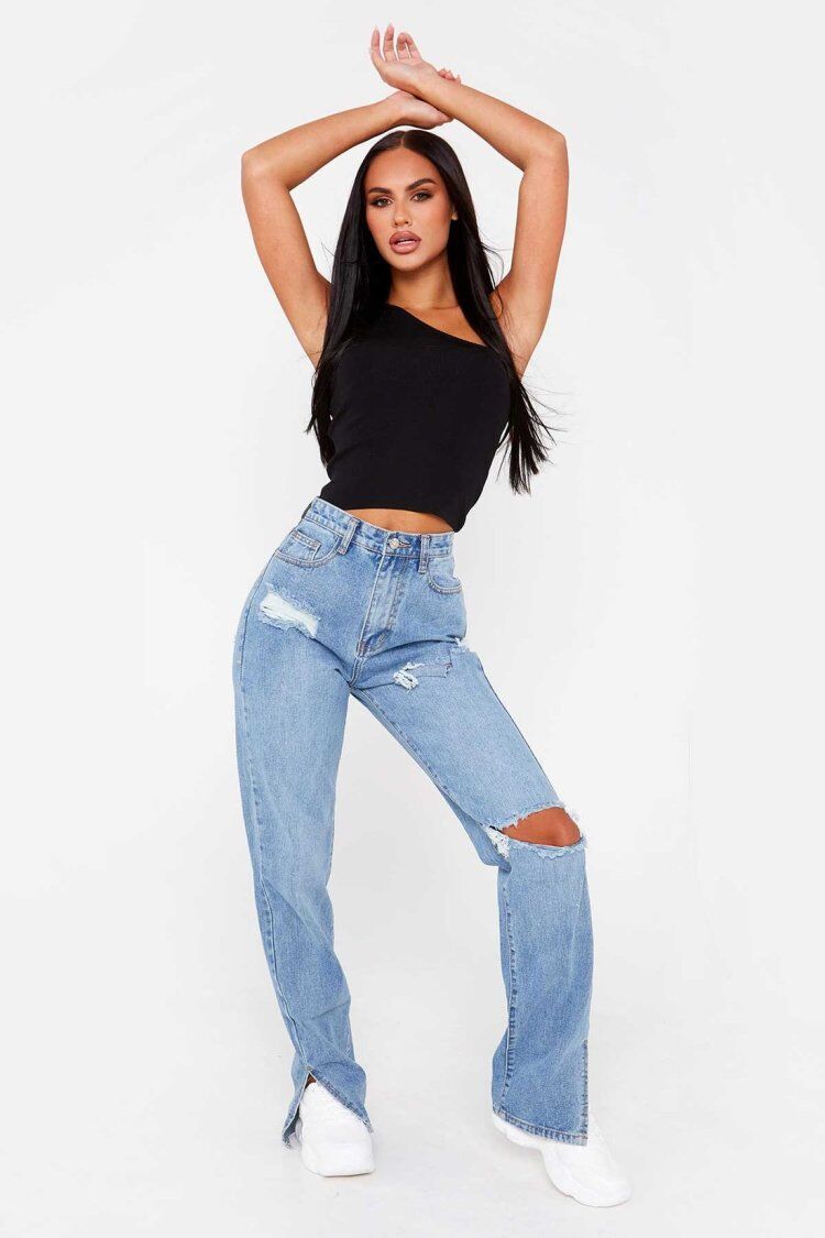 High Waist Straight Slimming Cool Black Denim Trousers Mop Hem Split Smooth Micro-Flared Pants Women Clothing - ALZO