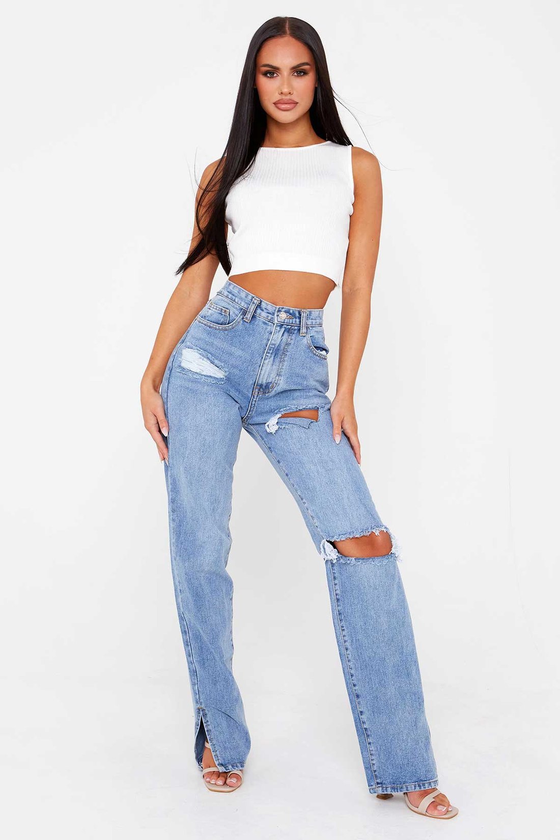 High Waist Straight Slimming Cool Black Denim Trousers Mop Hem Split Smooth Micro-Flared Pants Women Clothing - ALZO