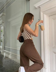 High Waist Straight Loose Brown Denim Trousers Draping Chocolate Street sexy Sneakers Pants Women Clothing - ALZO