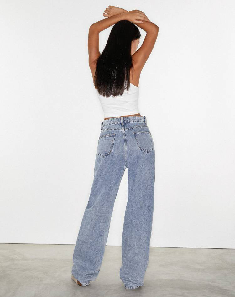 Women Clothing High Waist Loose Straight-Leg Denim Trousers Washed Stone-Washed Indigo Pull down Accumulation Street Wide-Leg Jeans - ALZO