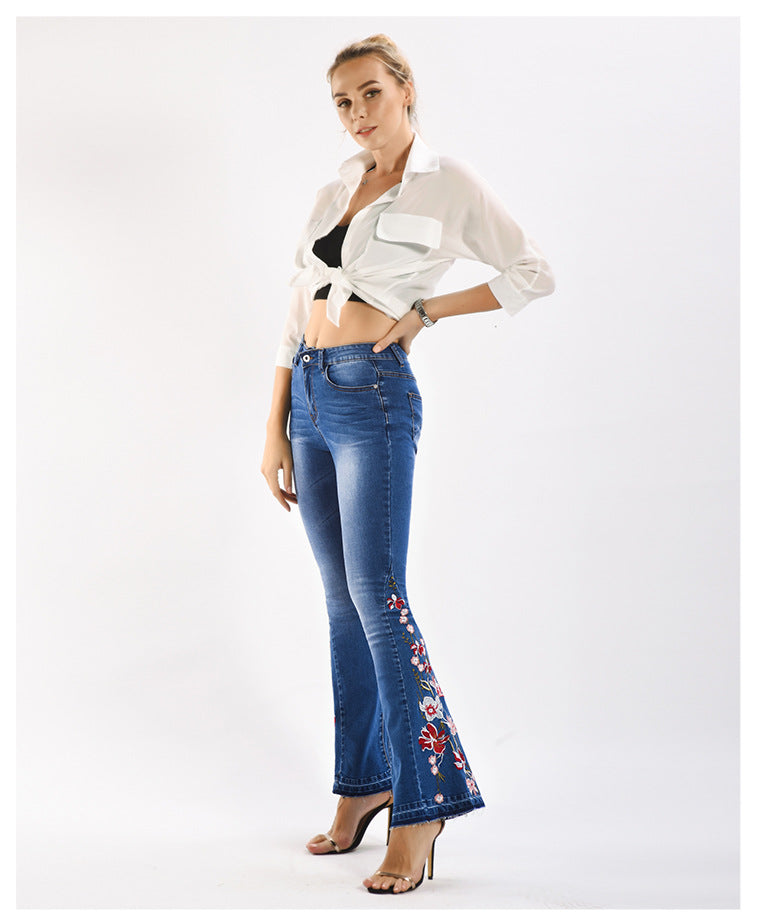 Women Denim Bell-Bottom Pants 3D Machine Embroidery Denim Women Autumn Denim Wide Leg Trousers - ALZO