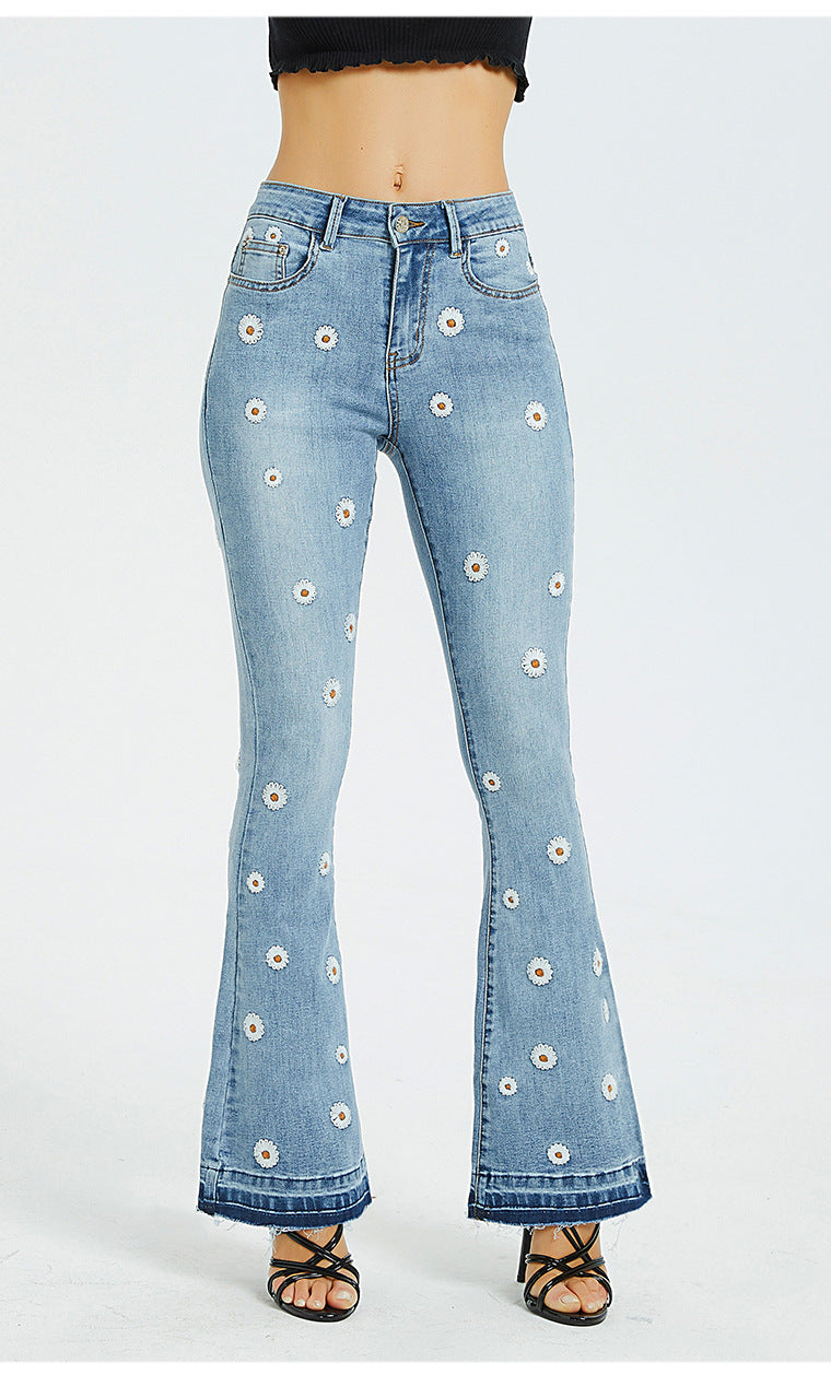 Women Wide Leg Jeans Embroidered Horn Daisy Jeans Women Wide Leg Jeans - ALZO