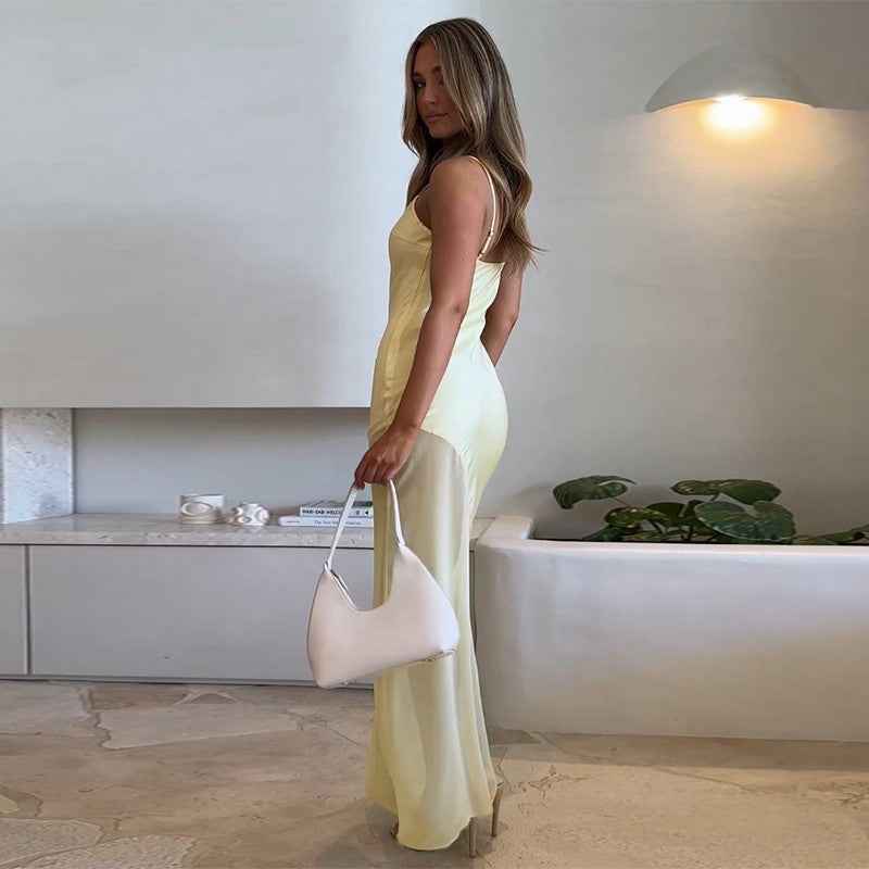 Fall Maxi Dress Classic Elegant Slim Satin Stitching Mesh Spaghetti Strap Dress