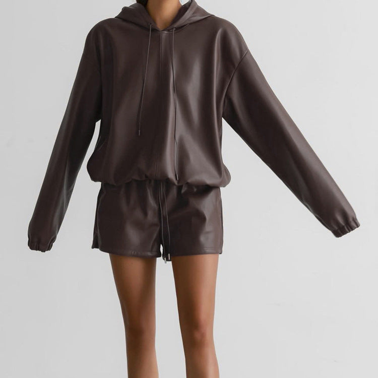 Spring Hooded Leather Sweater Women Shorts Suit Street Trend Women Clothing Two Piece Set - ALZO