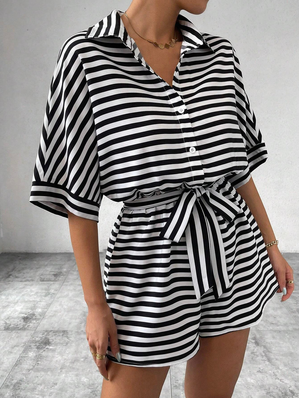 Summer Women Clothing Striped Collared Cardigan Button Half Sleeve Shorts Jumpsuit - ALZO