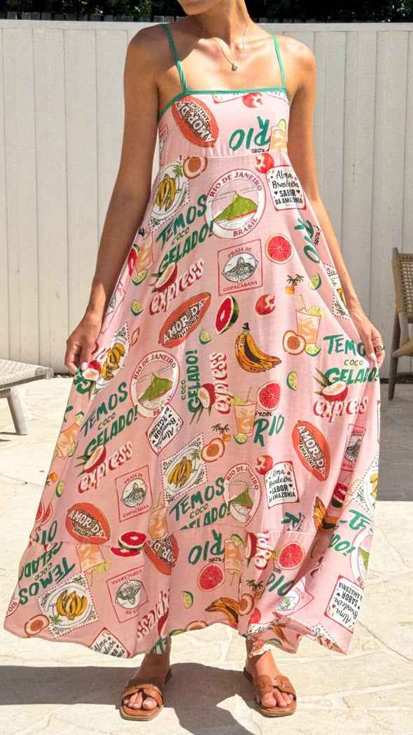 Summer Printed High Waist Seaside Holiday Casual Swing Dress Long Dress