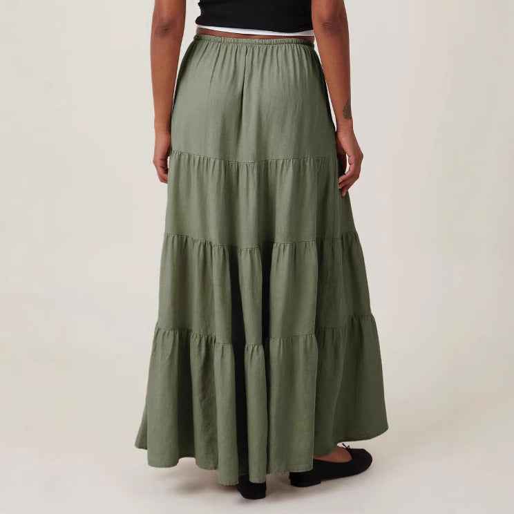 Women Clothing Cotton Skirt High Waist Elastic Lace up Large Swing Skirt Loose Patchwork Maxi Women