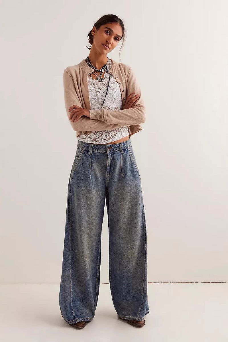 Wide Leg Jeans Tide Brand Women Clothing Washed Worn Loose Straight Long Pants - ALZO