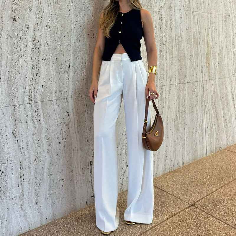 Spring Summer Ladies All Match Solid Color Loose Wide Leg Straight Trousers