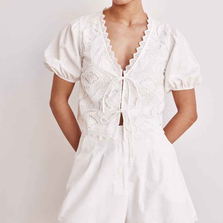 Cotton Hollow Out Cutout out Stitching Women Clothing Spring Summer V neck Short Sleeve Lace up Top Shorts Two Piece Set