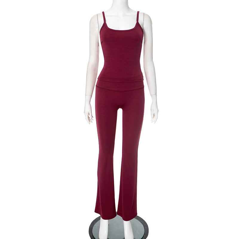 Women Clothing Spring Summer Solid Color Sling Backless Sports High Waist Tight Bell Bottom Pants Set