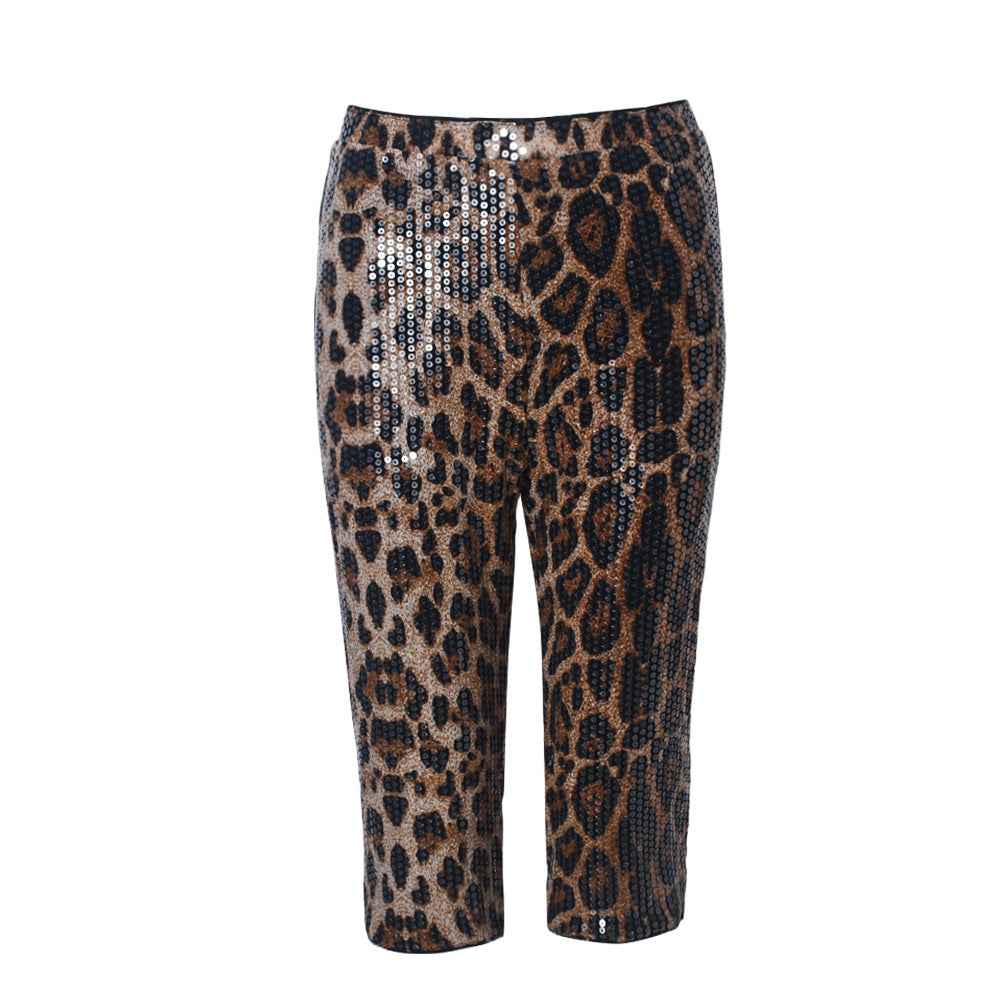Trendy Sequin Model Sequin Women Leopard Print Stretch Shorts Elastic Waist Casual Shorts Women