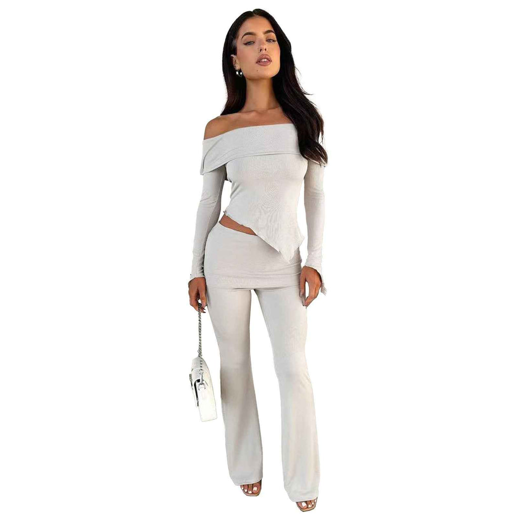 Women Clothing Small Sunken Stripe Irregular Asymmetric off Shoulder Collared Waist Bell Bottom Pants Two Piece Set