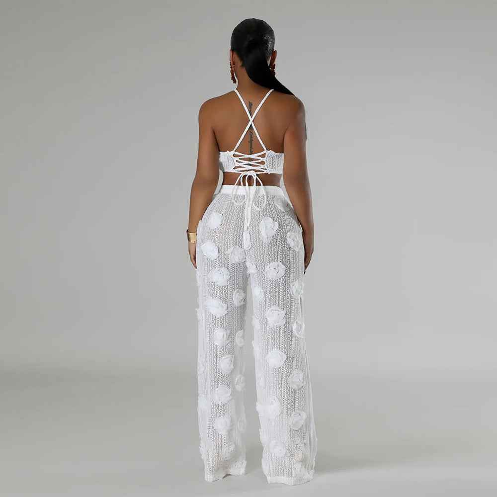 Knotted Short Top with Loose Slim Trousers Solid Color See through Two Piece Set for Women