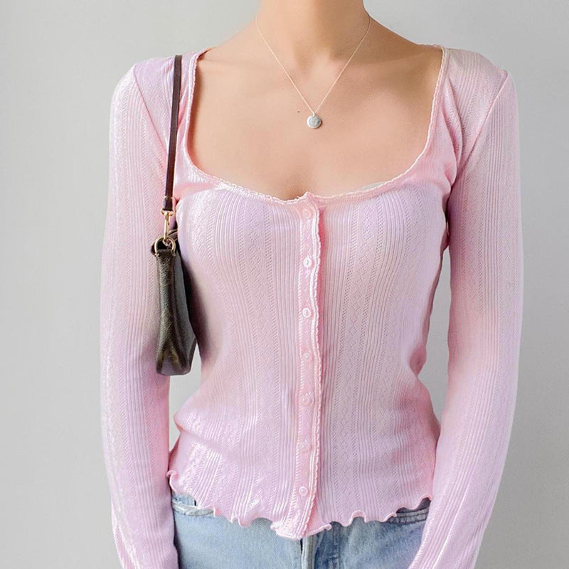 Retro Simple Casual All Match Square Collar Top Women Comfortable Solid Color Button Cardigan Long Sleeve - ALZO