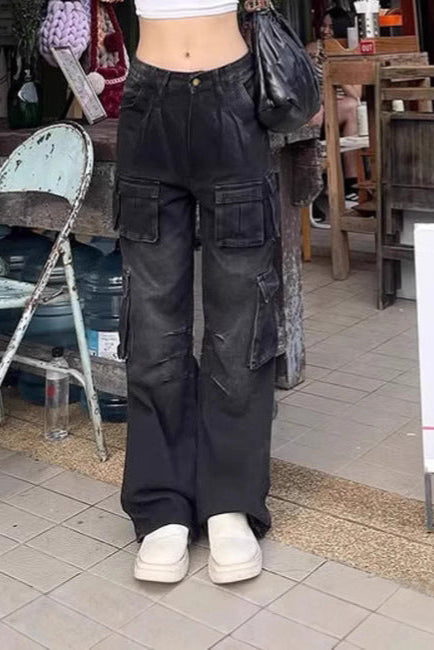 Retro Multi Pocket Jeans Loose Straight Casual Wide Leg Pants Washed Cargo Pants - ALZO