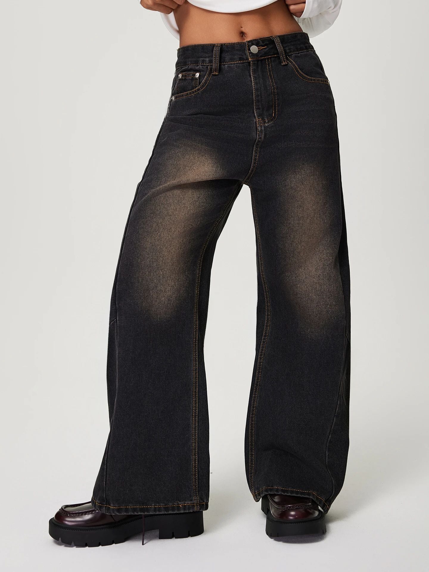 Women Embroidered Black Gray Jeans Autumn Winter Washed Distressed Lazy Loose Slimming High Waist Wide Leg Pants - ALZO