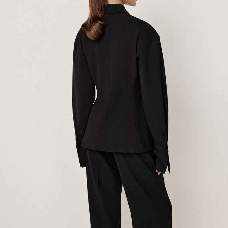 Black Sets Women Collared Long Sleeve Slim Jacket Casual Pants Office Two Piece Sets