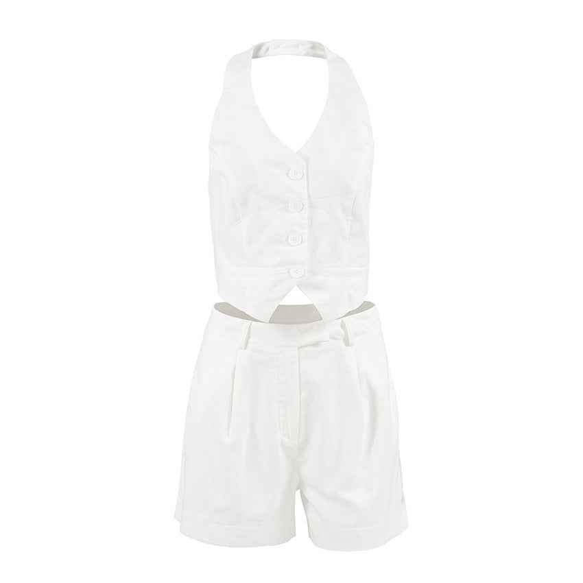White Cotton Linen Halter Sleeveless Vest Pants Spring Summer Two Piece Set for Women