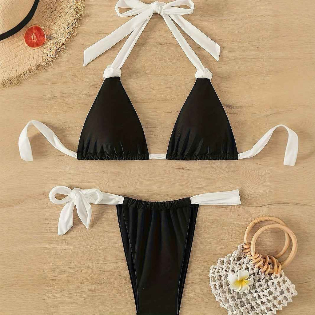 Solid Color Tied Halter Bikini Three Point Trial Split Swimsuit for Women