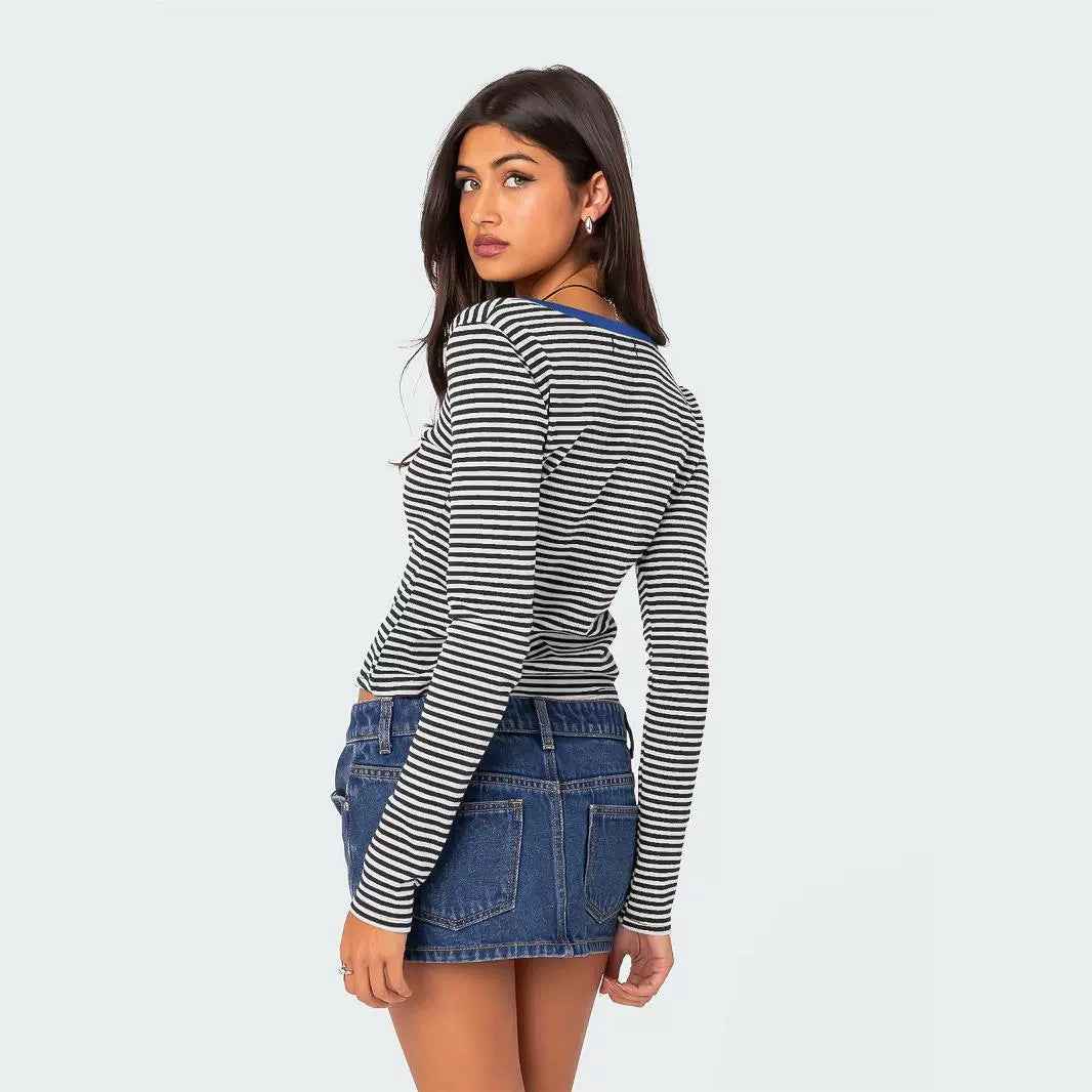 Contrast Color Striped Sweater Clothes Women Top Button Slim Fit Shoulder T shirt Pure Cotton
