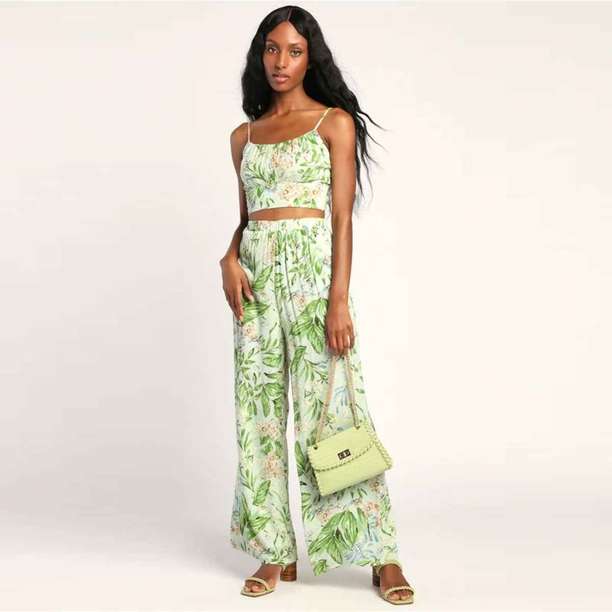 Casual Sexy Sling Vest High Waist Print Wide Leg Pants Two Piece Sets