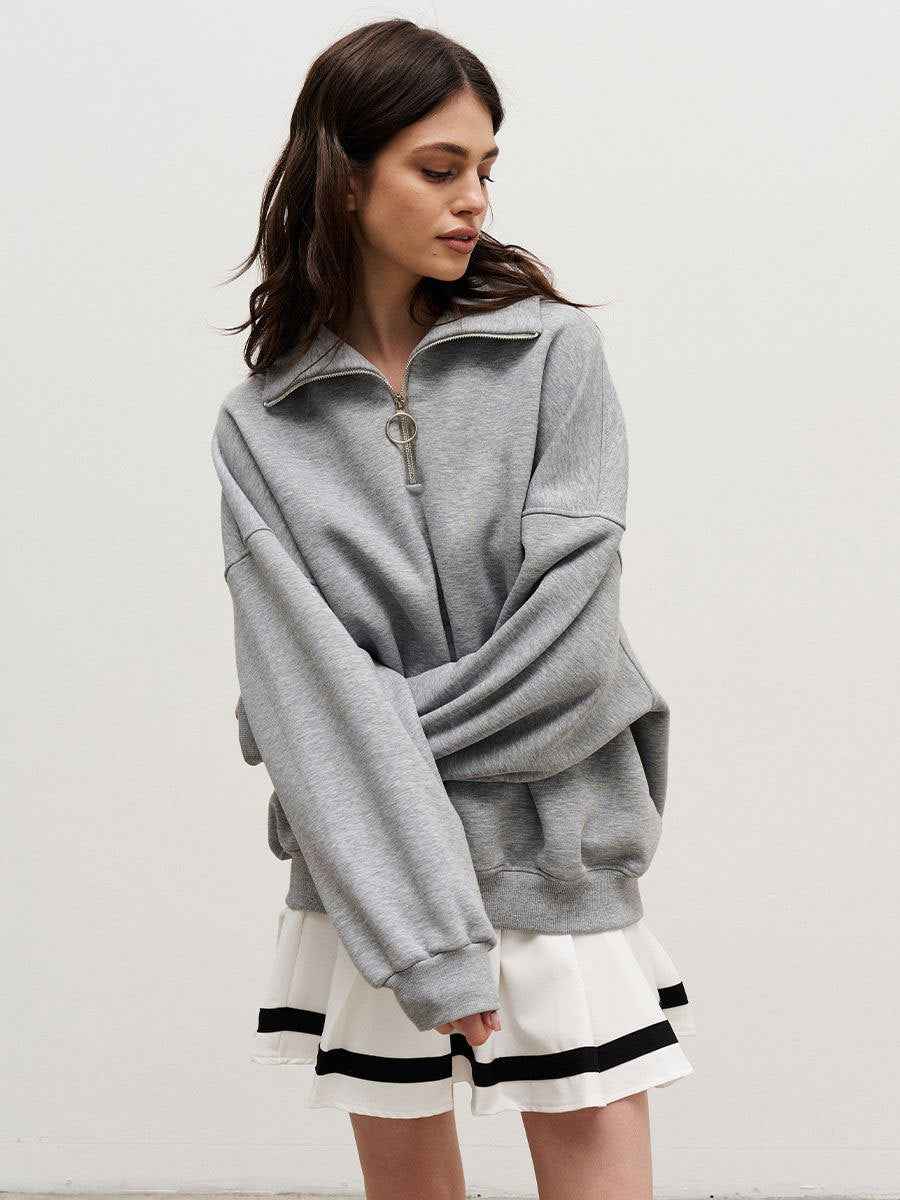 Collared Sweatshirt Autumn Winter Women Unisex Street Loose Lapels Zipper Sweatshirt