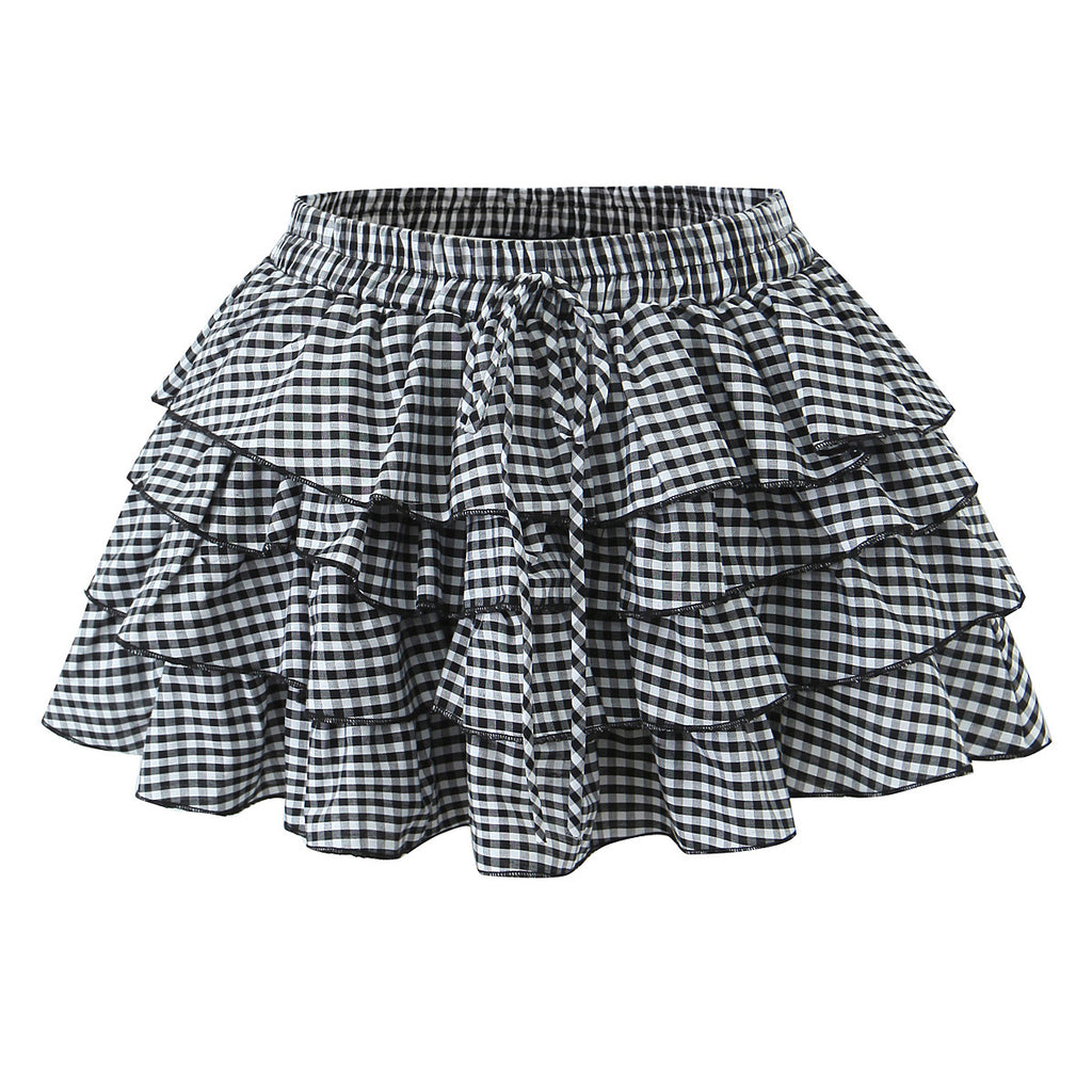 Retro Plaid Cake Short Skirt Women Sweet Sexy Elastic High Waist Ruffles Bubble Skirt - ALZO