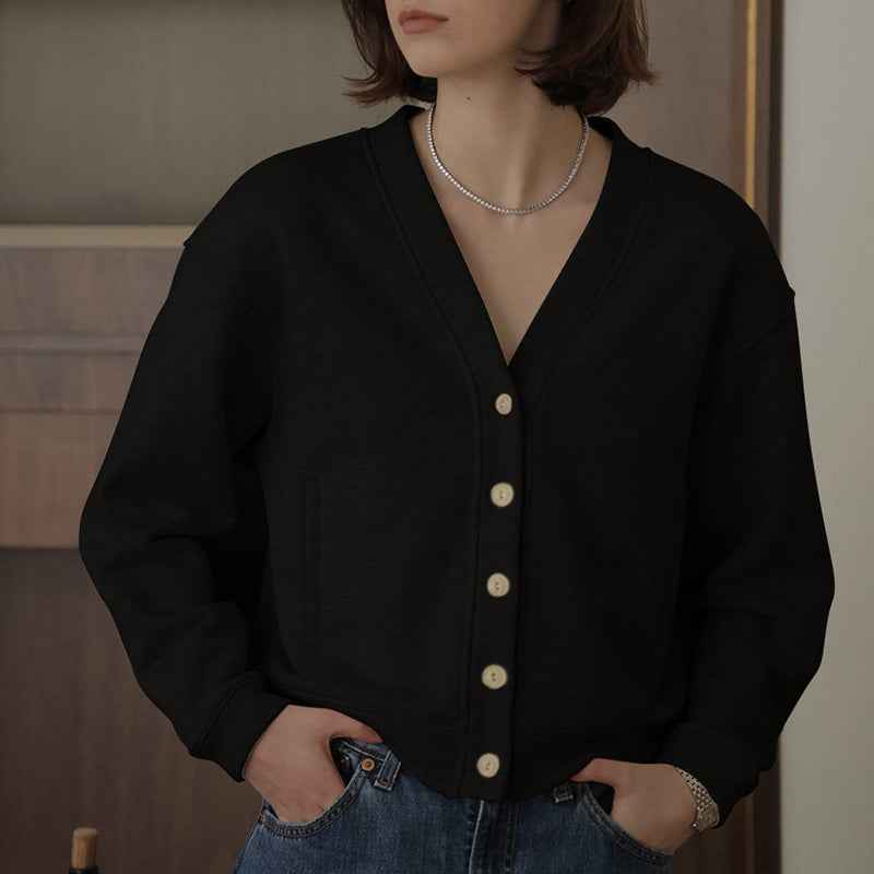 Autumn Winter Classic French V neck Sweatshirt Cardigan Retro Affordable Luxury Hong Kong Pure Cotton Comfortable Niche High End Top