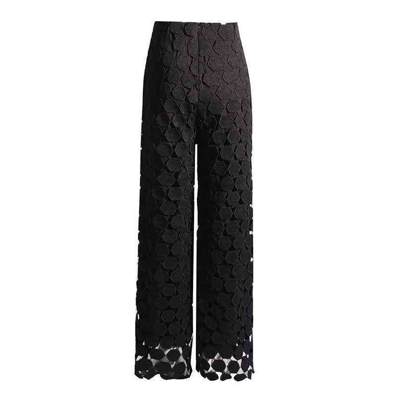 Fashionable Elegant round Design Tassel Hollow Out Cutout out Embroidered High Waist Wide Leg Pants Spring Straight Trousers