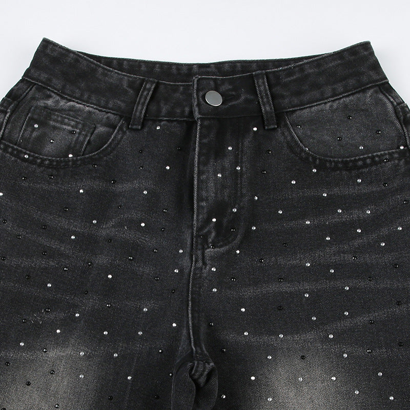 Retro Personalized Rhinestone Distressed Loose Wide Leg Low Waist Jeans Autumn Winter Draped Casual Pants - ALZO