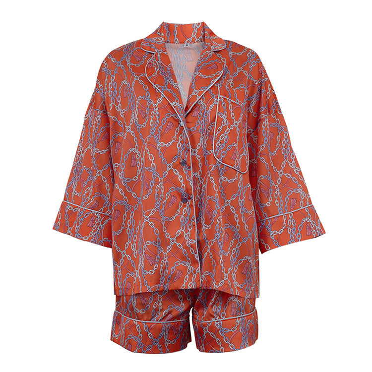 Printed Casual Women Collared Three Quarter Length Sleeves Cardigan Top High Waist Shorts Two Piece Sets - ALZO