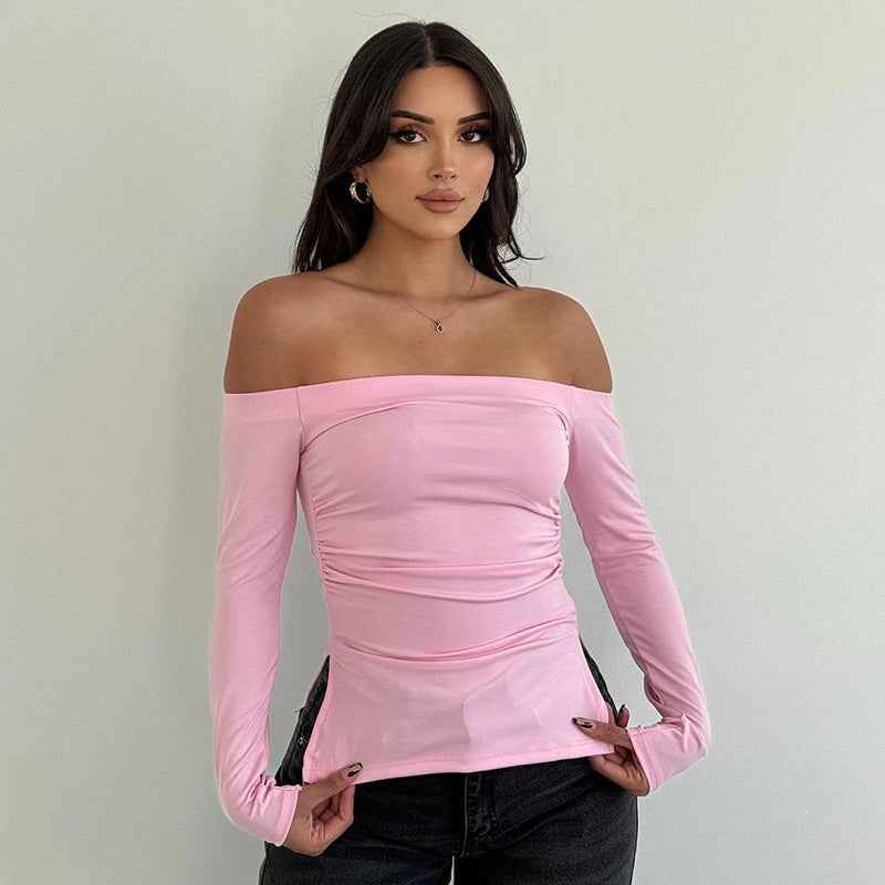 Autumn Casual Wild off Shoulder Double Fork Swing Long Sleeve Top