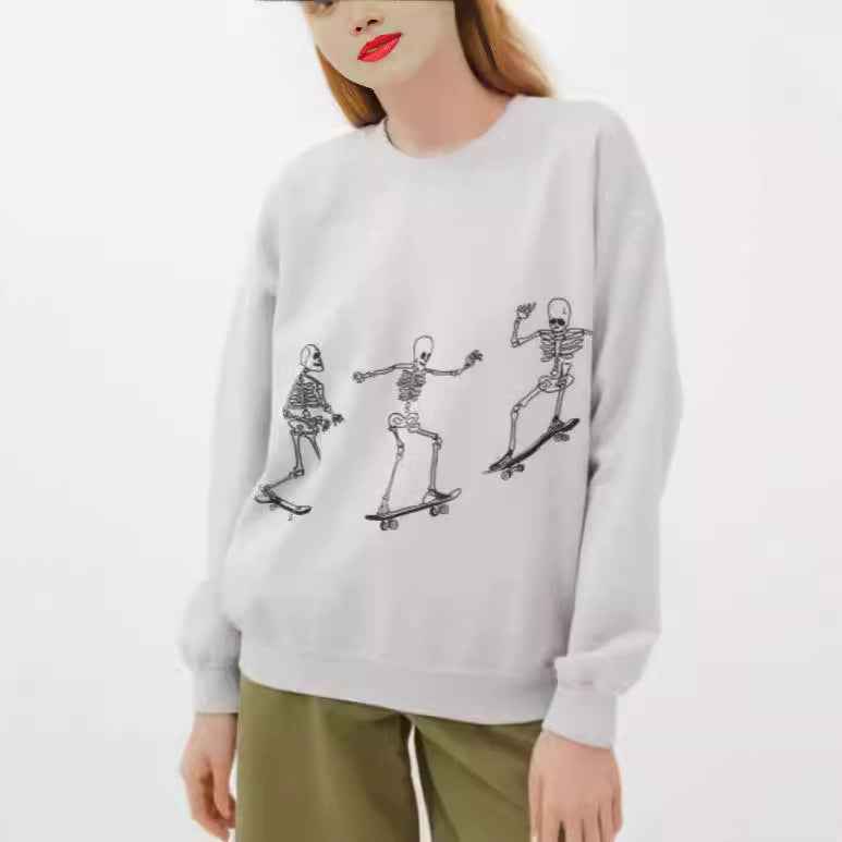 Autumn Winter Women Wear Long Sleeve Solid Color Skull Skateboard Printing Loose Casual Long Sleeves