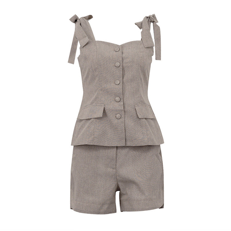 Cotton Bow Suspenders Vest Loose Shorts Two Piece Sets Cardigan Tube Top Women - ALZO